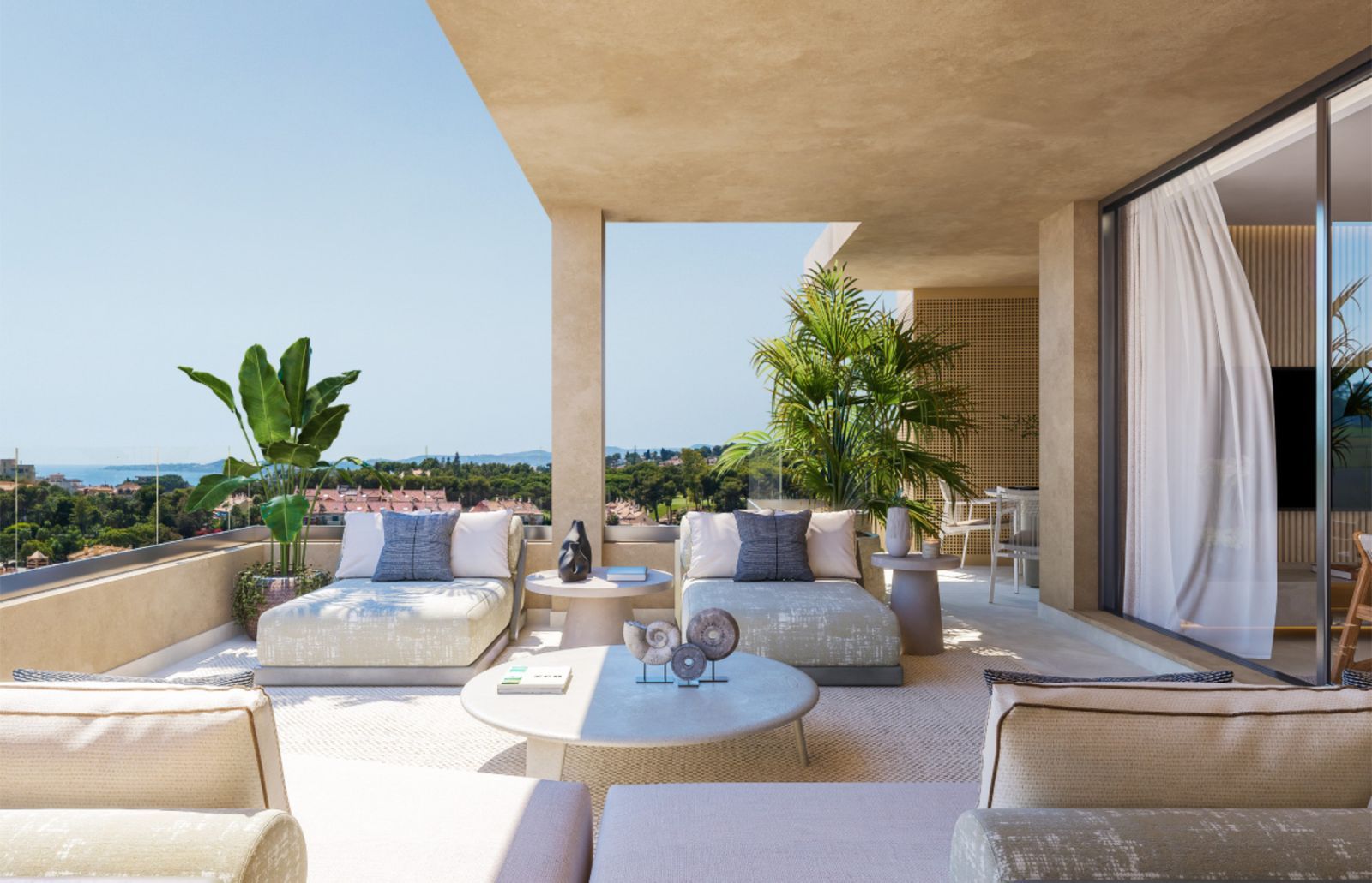 Luxe terras bij Finca Dona Maria met ligstoelen en uitzicht