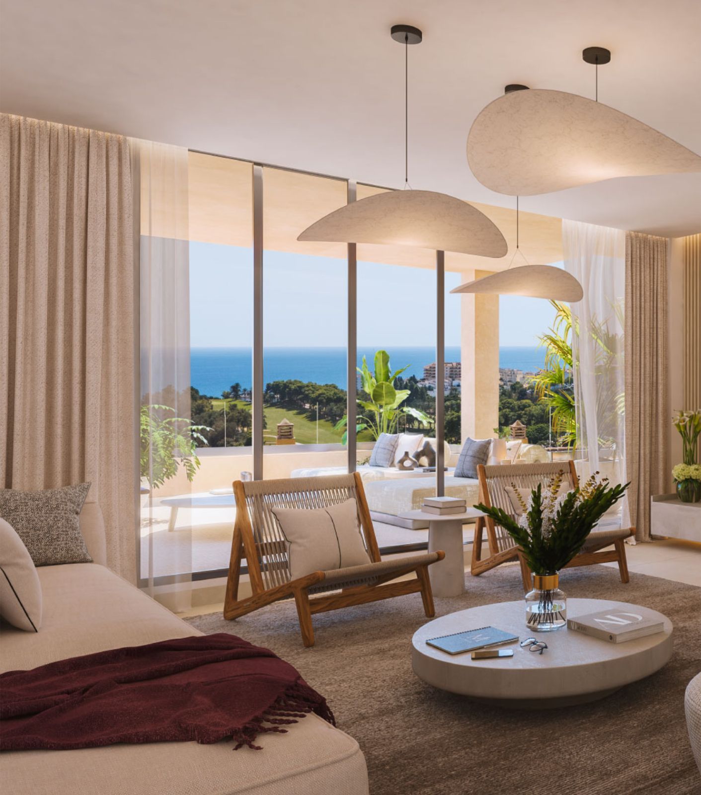 Luxe woonkamer in Finca Dona Maria met uitzicht op zee.