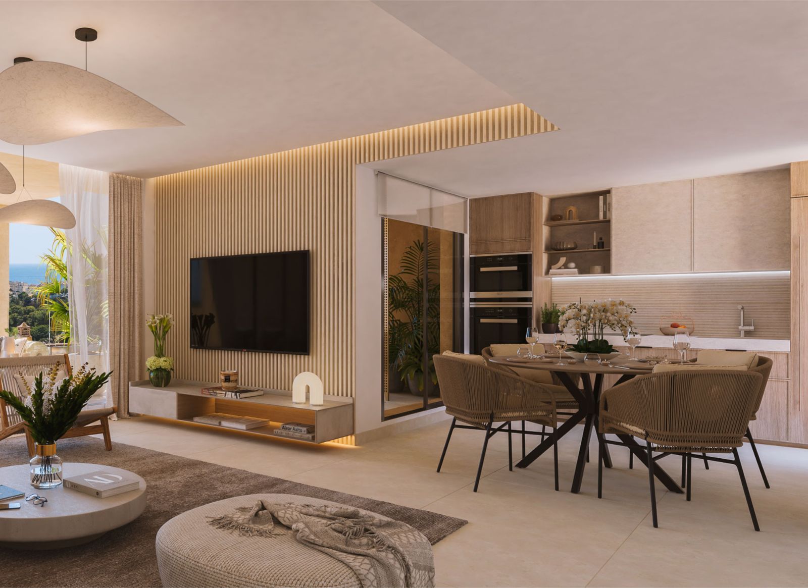 Moderne woonruimte met open keuken in Finca Dona Maria